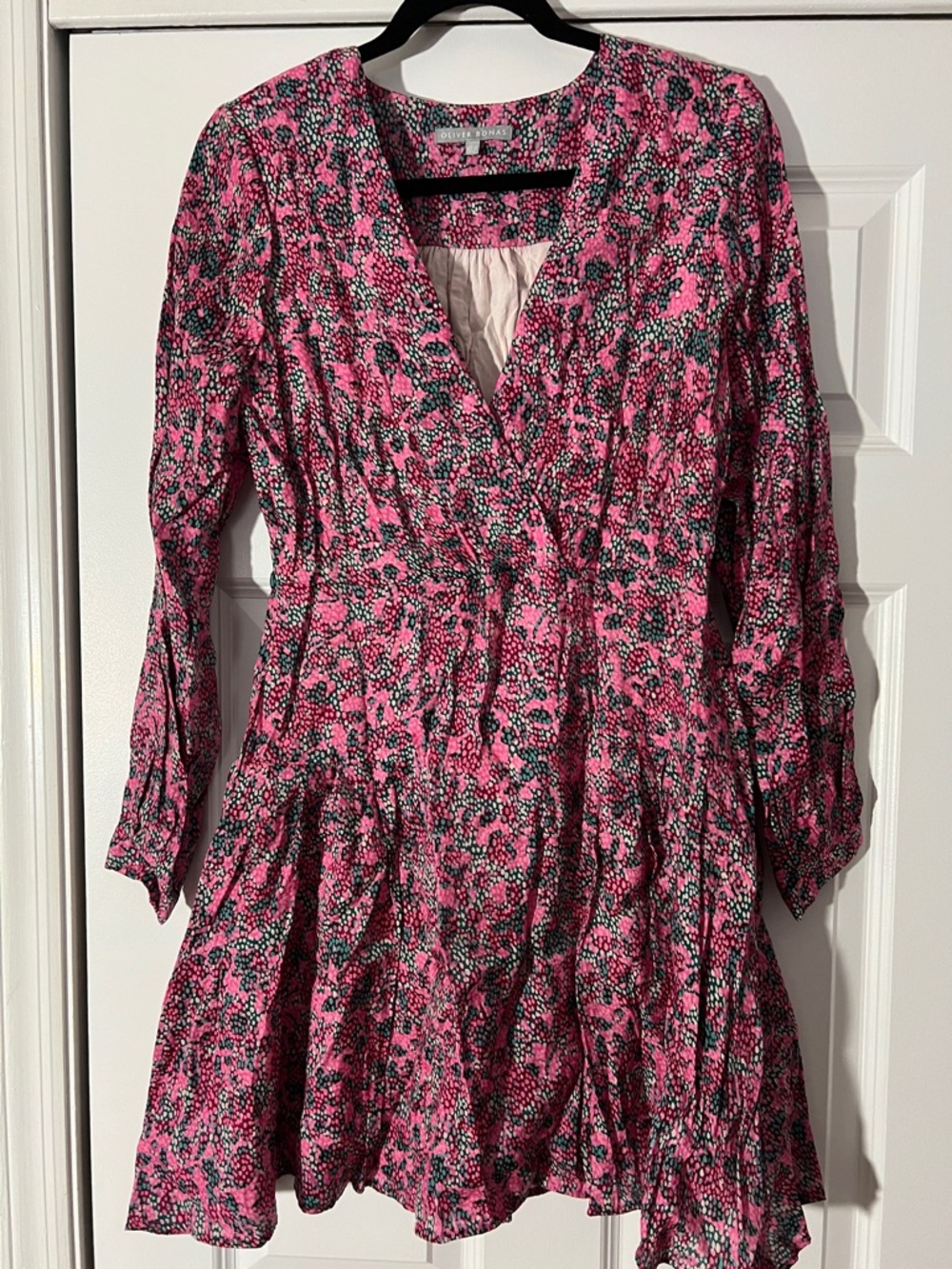 Oliver Bonas Pink Floral V-Neck Long Sleeve Tiered Dress
